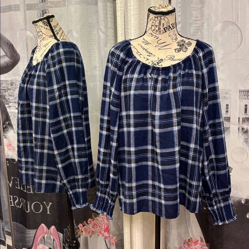 NWT Counterparts Navy Plaid Peasant Blouse - Picture 1 of 6